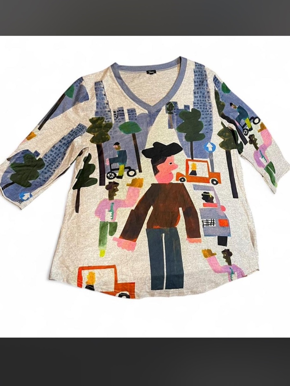 Shana Art To Wear Abstract City Scene V-Neck Tunic Top Quirky Size M